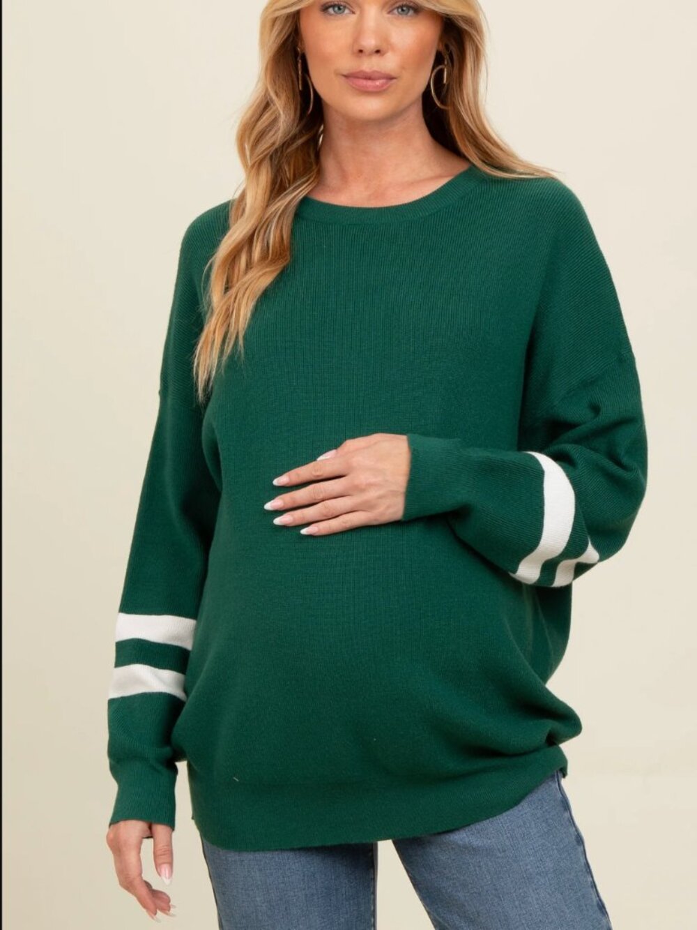 PinkBlush Forest Green Striped Sleeve Relaxed Fit Maternity Sweater Large